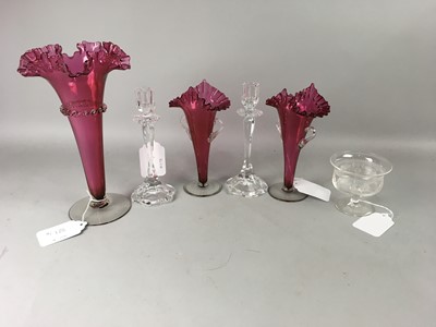 Lot 321 - A VICTORIAN CRANBERRY GLASS EPERGNE AND GARNITURE