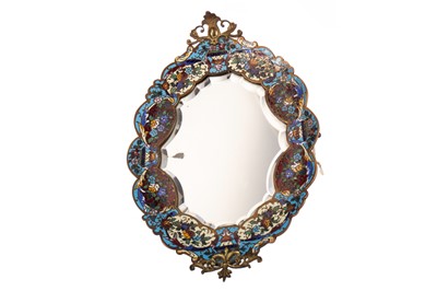 Lot 1018 - A LATE 19TH CENTURY FRENCH BRASS AND CHAMPLEVE ENAMEL WALL MIRROR