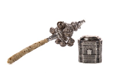 Lot 468 - A VICTORIAN SILVER RATTLE, ALONG WITH A PILL BOX