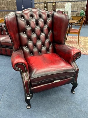 Lot 426 - A CHESTERFIELD OXBLOOD LEATHER WINGBACK ARMCHAIR