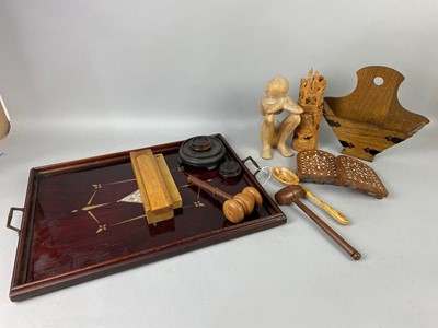 Lot 336 - A 20TH CENTURY WOODEN TRAY, LETTER RACKS, BOOKENDS AND FIGURES