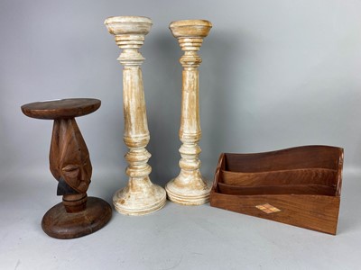 Lot 334 - A PAIR OF AFRICAN CANDLESTANDS, TWO AFRICAN PEDESTALS AND OTHER WOOD ITEMS