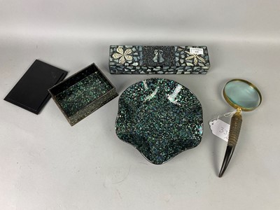 Lot 335 - A MAGNIFYING GLASS, DISH, BOXES AND OTHER ITEMS