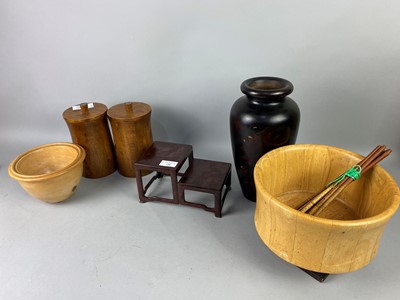 Lot 338 - A CHINESE HARDWOOD STAND, TEA BOWLS, TREEN VASE AND OTHER ITEMS