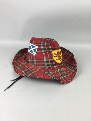 Lot 341 - A TARTAN COWBOY HAT AND ASSORTED TARTAN BLANKETS