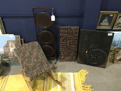 Lot 351 - A ROCKING FOOTSTOOL, TWO CARVED PANELS AND A CAKESTAND