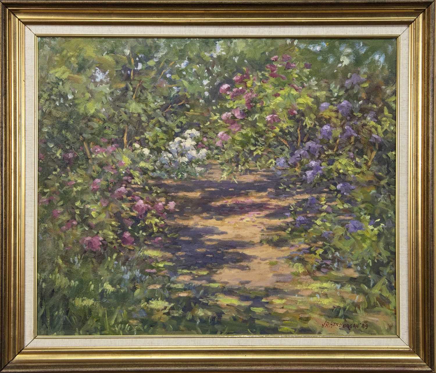 Lot 874 - RHODODENDRONS, POLLOK PARK, AN OIL BY J D HENDERSON
