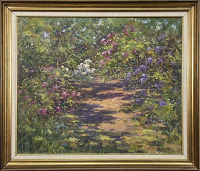 Lot 874 - RHODODENDRONS, POLLOK PARK, AN OIL BY J D HENDERSON