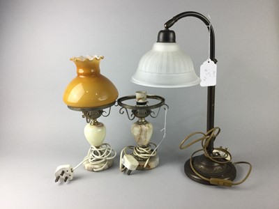 Lot 65 - A PAIR OF ONYX TABLE LAMPS ALONG WITH ANOTHER LAMP