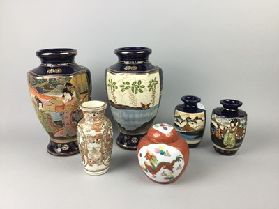 Lot 138 - A PAIR OF JAPANESE SATSUMA VASES, FOUR OTHER VASES AND A GINGER JAR WITH COVER