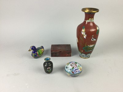 Lot 144 - A PAIR OF CLOISONNE TRINKET BOXES MODELLED AS DUCKS AND OTHER ITEMS