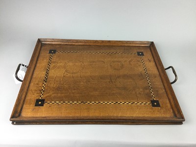 Lot 152 - A TWIN HANDLED INALID RECTANGULR TRAY AND A SIDE TABLE