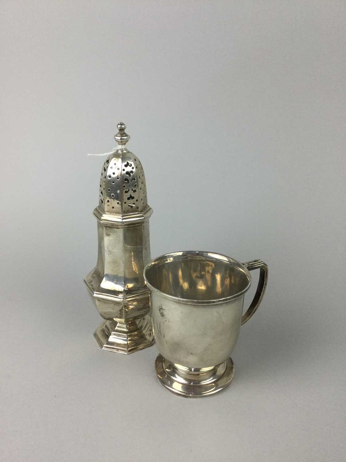 Lot 41 - A SILVER SUGAR CASTER AND CHRISTENING CUP