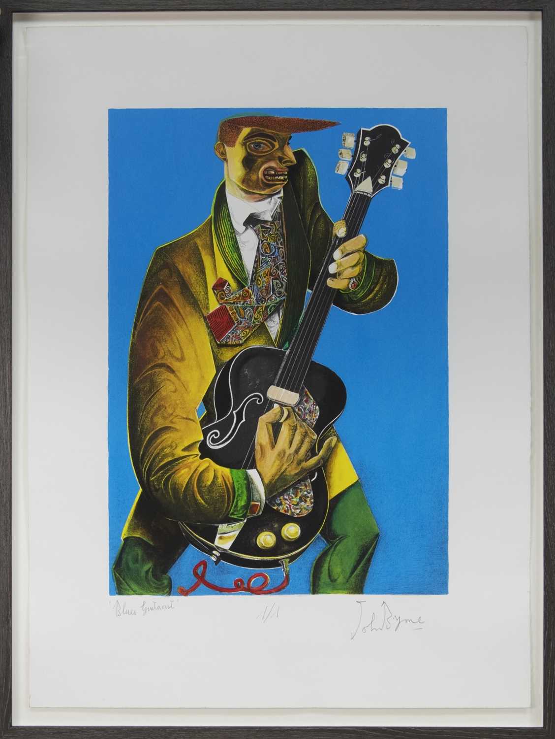 Lot 880 - BLUES GUITARIST, A MIXED MEDIA MONOPRINT BY JOHN BYRNE