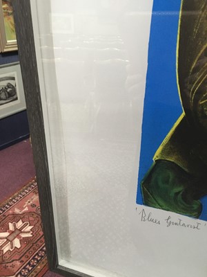 Lot 880 - BLUES GUITARIST, A MIXED MEDIA MONOPRINT BY JOHN BYRNE