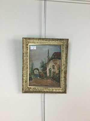 Lot 46 - A CONTINENTAL SCHOOL OIL PAINTING ALONG WITH A NEEDLEWORK