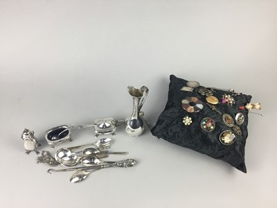 Lot 63 - A LOT OF SILVER, PLATE AND VARIOUS BROOCHES