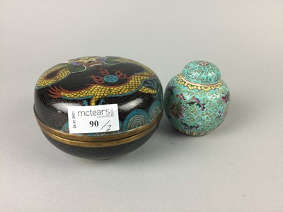Lot 90 - A CHINESE CLOISONNE CIRCULAR JAR WITH COVER AND A GINGER JAR