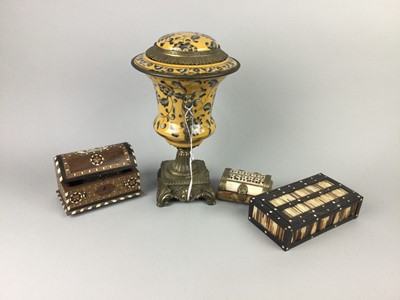 Lot 217 - A PORCUPINE QUILL BOX, RESIN CASKET, PEDESTAL VASE AND OTHER ITEMS