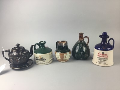 Lot 221 - A SILVER COLLARED ROYAL DOULTON STONEWARE JUG ALONG WITH OTHER VARIOUS JUGS AND DECANTERS