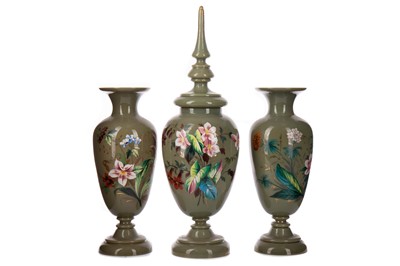 Lot 773 - A GARNITURE OF THREE VICTORIAN OPAQUE GLASS VASES
