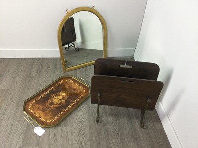 Lot 104 - A BRASS AND WALNUT MARQUETRY SERVING TRAY ALONG WITH A MIRROR AND MAGAZINE RACK