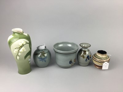 Lot 112 - A LOT OF THREE HIGHLAND STONEWARE HANDPAINTED VASES AND PLANTER, ALONG WITH OTHER POTTERY