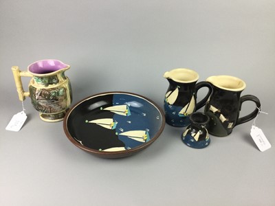 Lot 324 - A HASTINGS POTTERY JUG, BOWL AND CANDLEHOLDER, ALONG WITH OTHER CERAMICS