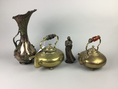 Lot 322 - A LOT OF TWO BRASS KETTLES ALONG WITH A RESIN FIGURE AND VASE