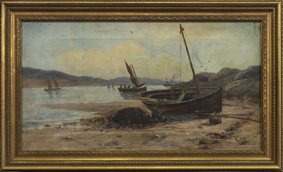 Lot 246 - BEACHED BOAT, AN OIL BY JOHN TAYLOR