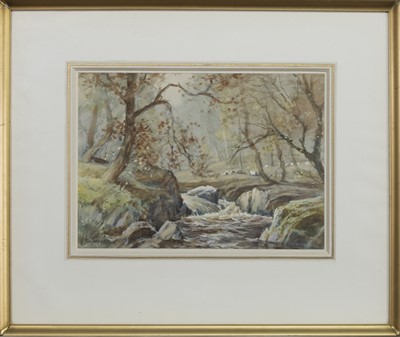 Lot 180 - AUTUMN SPATE ON A PITLOCHRY BURN, A WATERCOLOUR BY TOM CAMPBELL