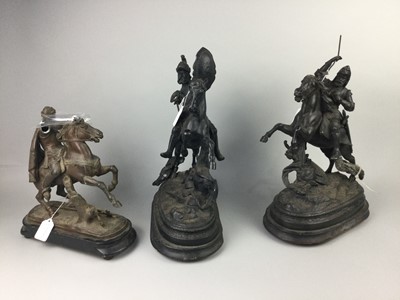 Lot 117 - A BRONZED SPELTER CHEVALIER FIGURE AND TWO OTHERS