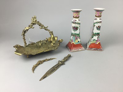 Lot 617 - A PAIR OF CHINESE FAMILLE ROSE CANDLESTICKS, ALONG WITH A DISH AND LETTER OPENER