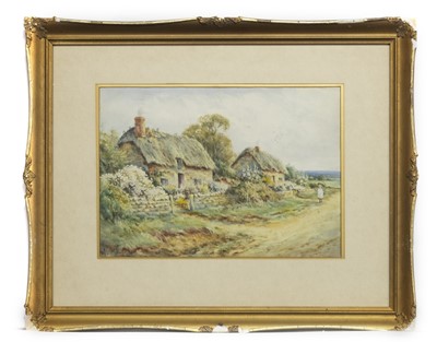 Lot 262 - GIRL SKIPPING PAST COTTAGES,, A WATERCOLOUR BY ALEXANDER MOLYNEUX STANNARD