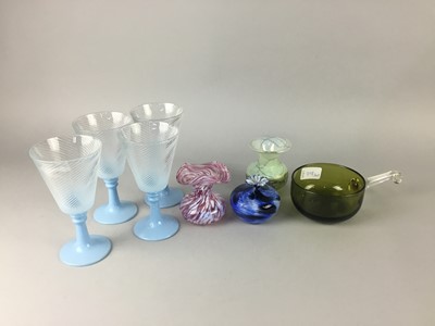 Lot 398 - A SET OF SIX COLOURED GLASS WINE GLASSES AND OTHER GLASS WARE