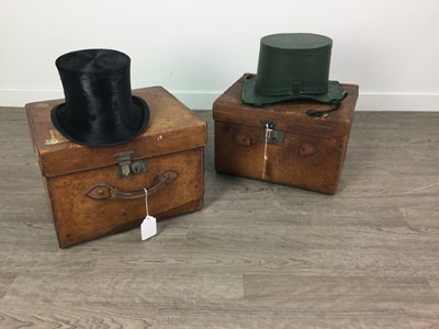 Lot 413 - A LATE 19TH/ EARLY 20TH CENTURY PATENT STITCHED LEATHER HAT BOX ALONG WITH ANOTHER