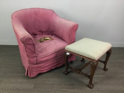 Lot 386 - A WALNUT FOOTSTOOL OF GEORGE II DESIGN ALONG WITH A TUB CHAIR