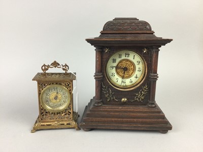 Lot 426 - A VICTORIAN OAK MANTEL CLOCK ALONG WITH A BRASS CARRIAGE CLOCK