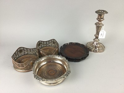 Lot 428 - A PAIR OF SHEFFIELD PLATE CANDLESTICKS ALONG WITH WINE SLIDES