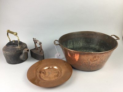 Lot 432 - A COPPER JELLY PAN ALONG WITH A KETTLE AND OTHER ITEMS