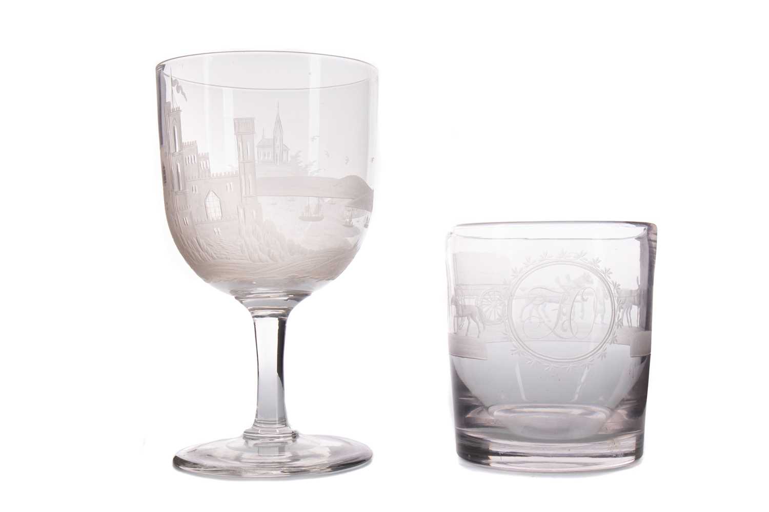 Lot 796 - TWO WHEEL ENGRAVED GLASSES, ALONG WITH TWO CORDIAL GLASSES