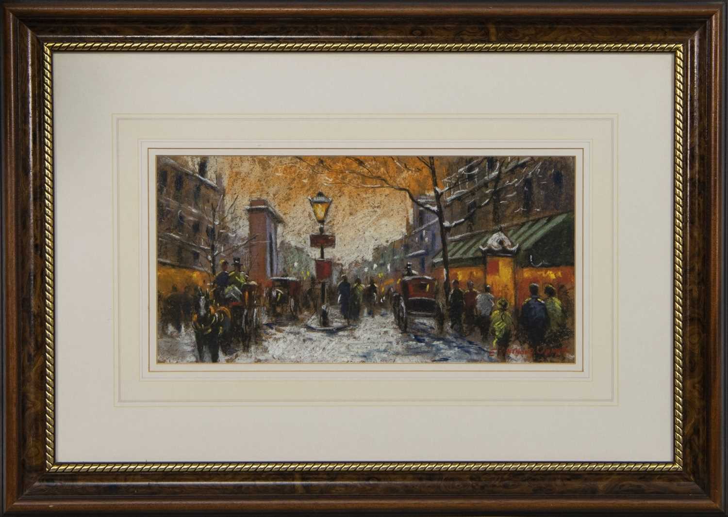 Lot 27 - CARRIAGES IN THE STREET, A PASTEL BY ANTHONY ORME