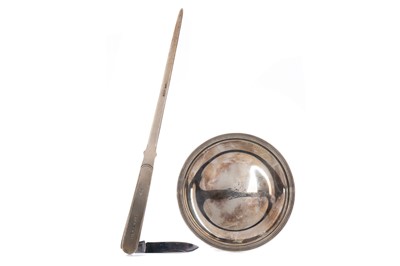 Lot 522 - A GEORGE III SILVER PIN DISH ALONG WITH A LETTER OPENER