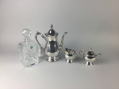 Lot 156 - A SILVER PLATED THREE PIECE TEA SERVICE, PLATED CUTLERY AND CRYSTAL ITEMS
