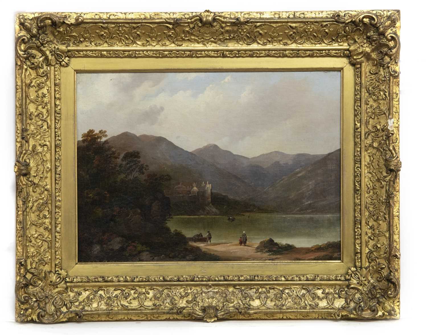 Lot 295 - FIGURES AT THE HEAD OF LOCH AWE, AN OIL BY EDWARD TRAIN