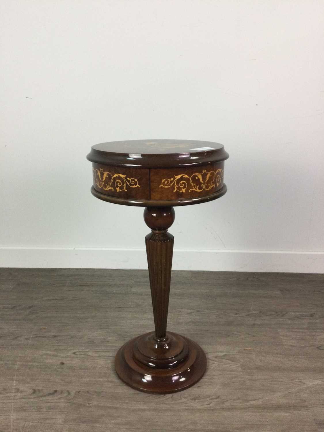 Lot 183 - AN ITALIAN INLAID CIRCULAR OCCASIONAL TABLE AND A COMPOSITION FIGURE