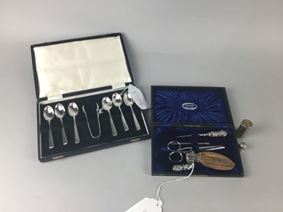 Lot 159A - A SET OF SIX SILVER COFFEE SPOONS WITH SUGAR TONGS, SEWING SET AND OTHER ITEMS