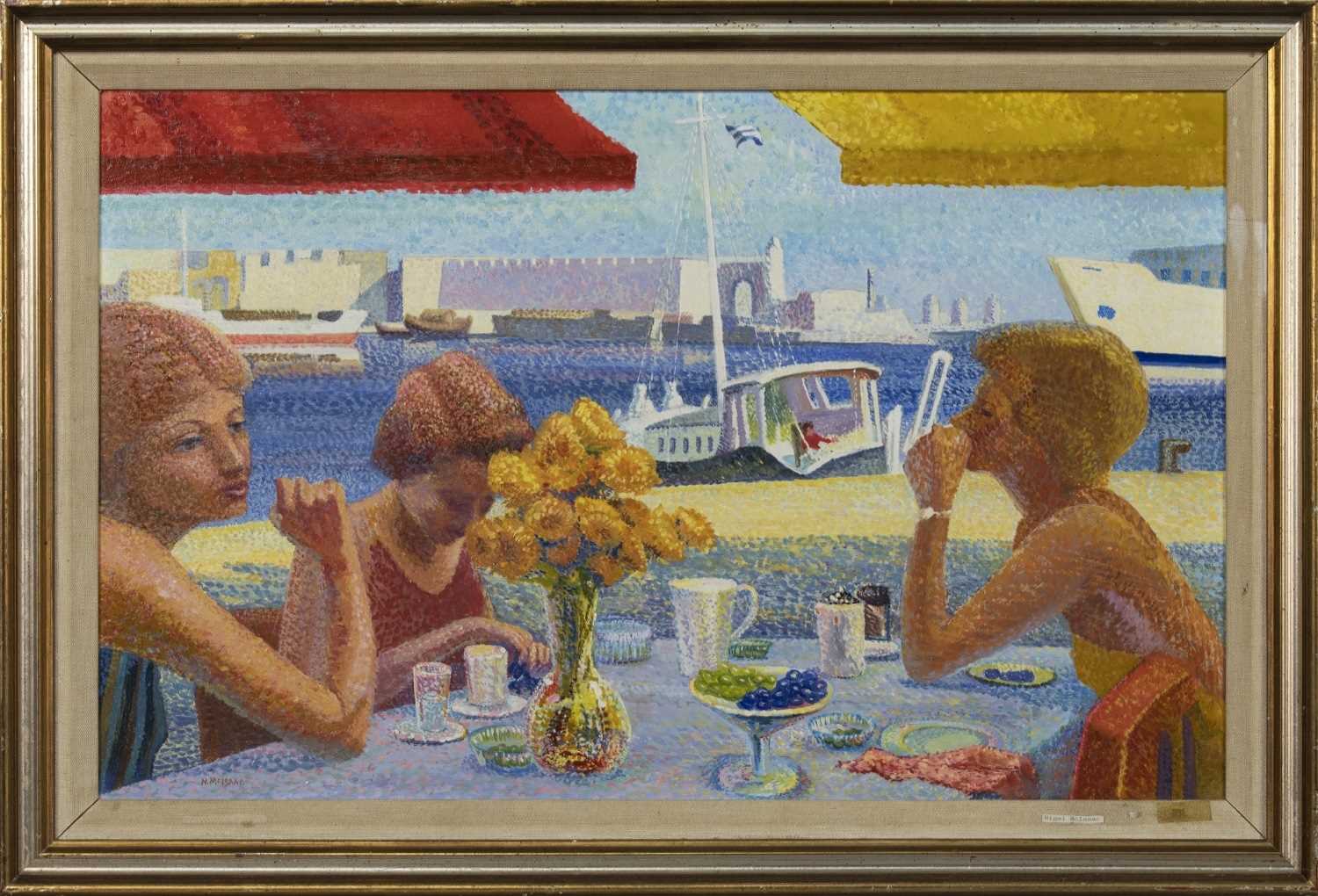 Lot 19 - CAFE IN RHODES, AN OIL BY NIGEL MCISAAC