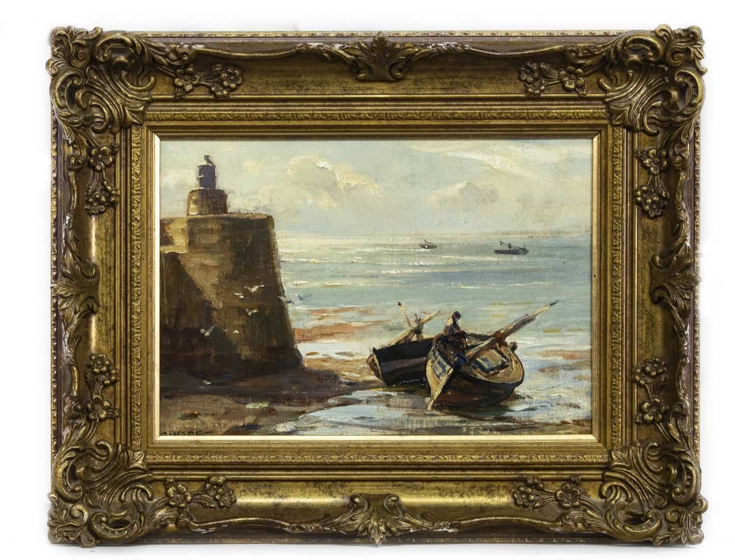 Lot 235 - WAITING FOR THE TIDE, PITTENWEEM HARBOUR, AN OIL BY ROBERT HOPE