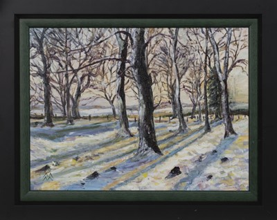 Lot 36 - STUDY FOR SNOWY WOODLAND, AN OIL BY MARION MACDONALD